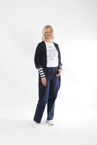 Cardi - Long - Navy Merino - Wide Stripe Cuff - Pre-Order