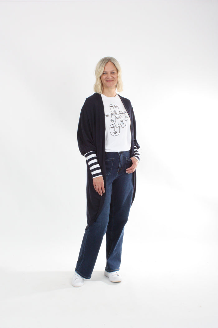 Cardi - Long - Navy Merino - Wide Stripe Cuff - Pre-Order
