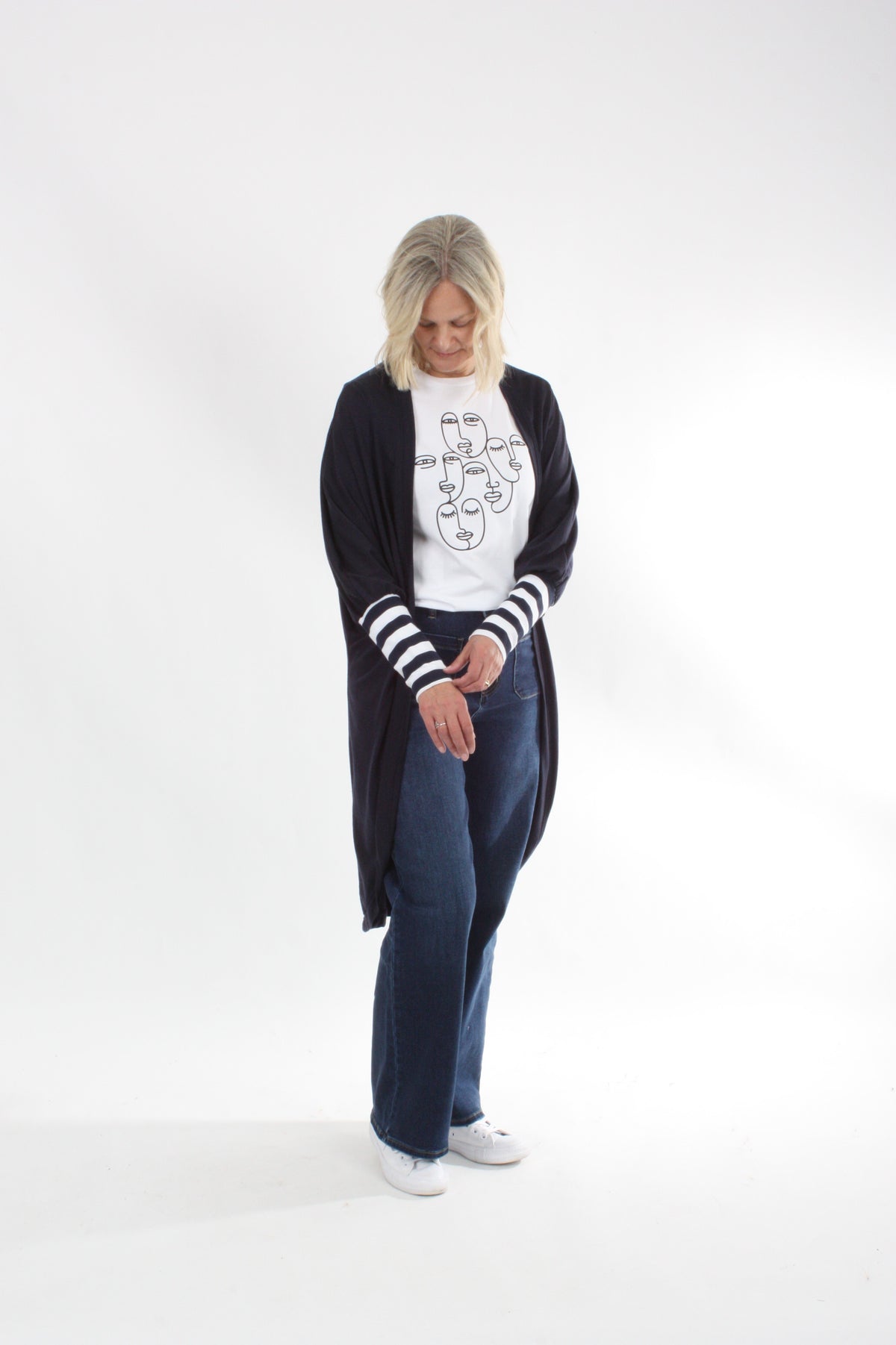 Cardi - Long - Navy Merino - Wide Stripe Cuff - Pre-Order