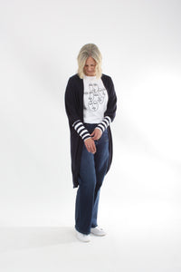 Cardi - Long - Navy Merino - Wide Stripe Cuff - Pre-Order
