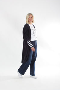 Cardi - Long - Navy Merino - Wide Stripe Cuff - Pre-Order