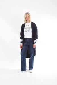 Cardi - Long - Navy Merino - Wide Stripe Cuff - Pre-Order