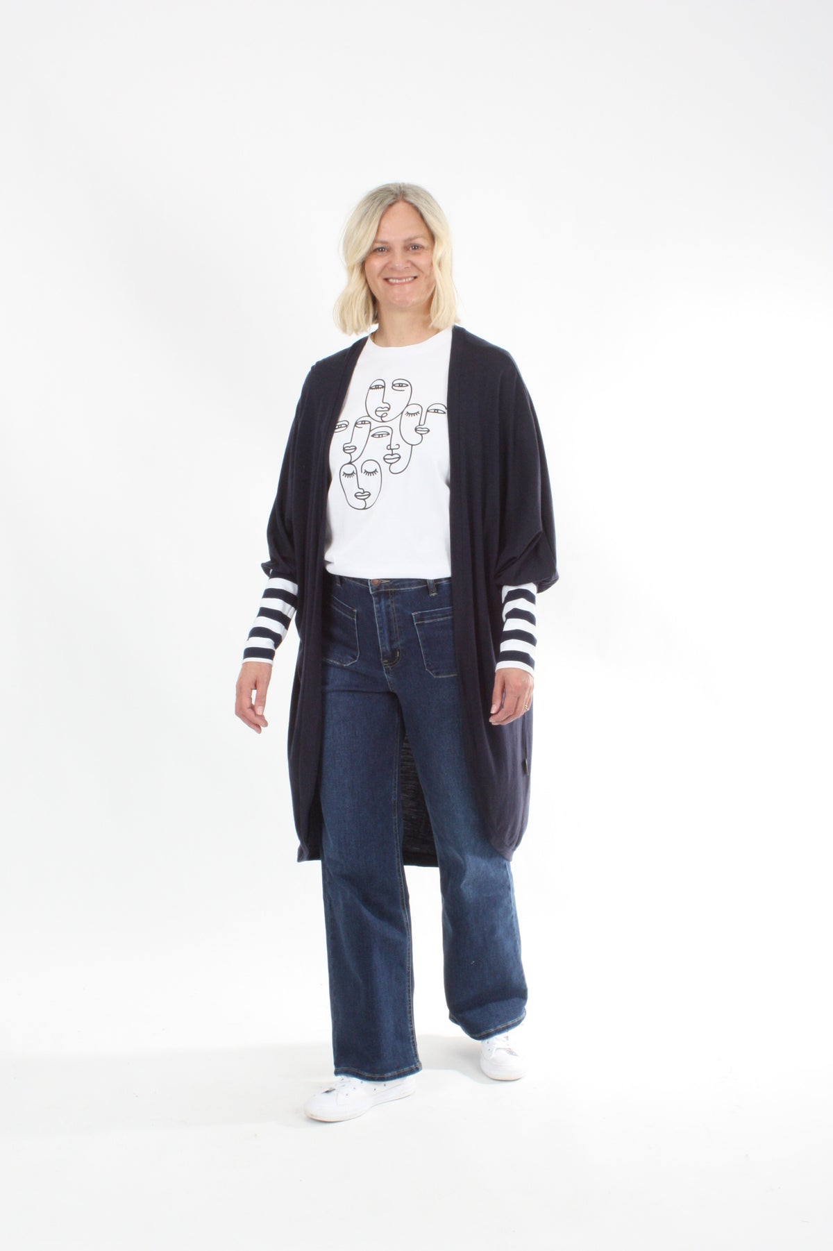 Cardi - Long - Navy Merino - Wide Stripe Cuff - Pre-Order