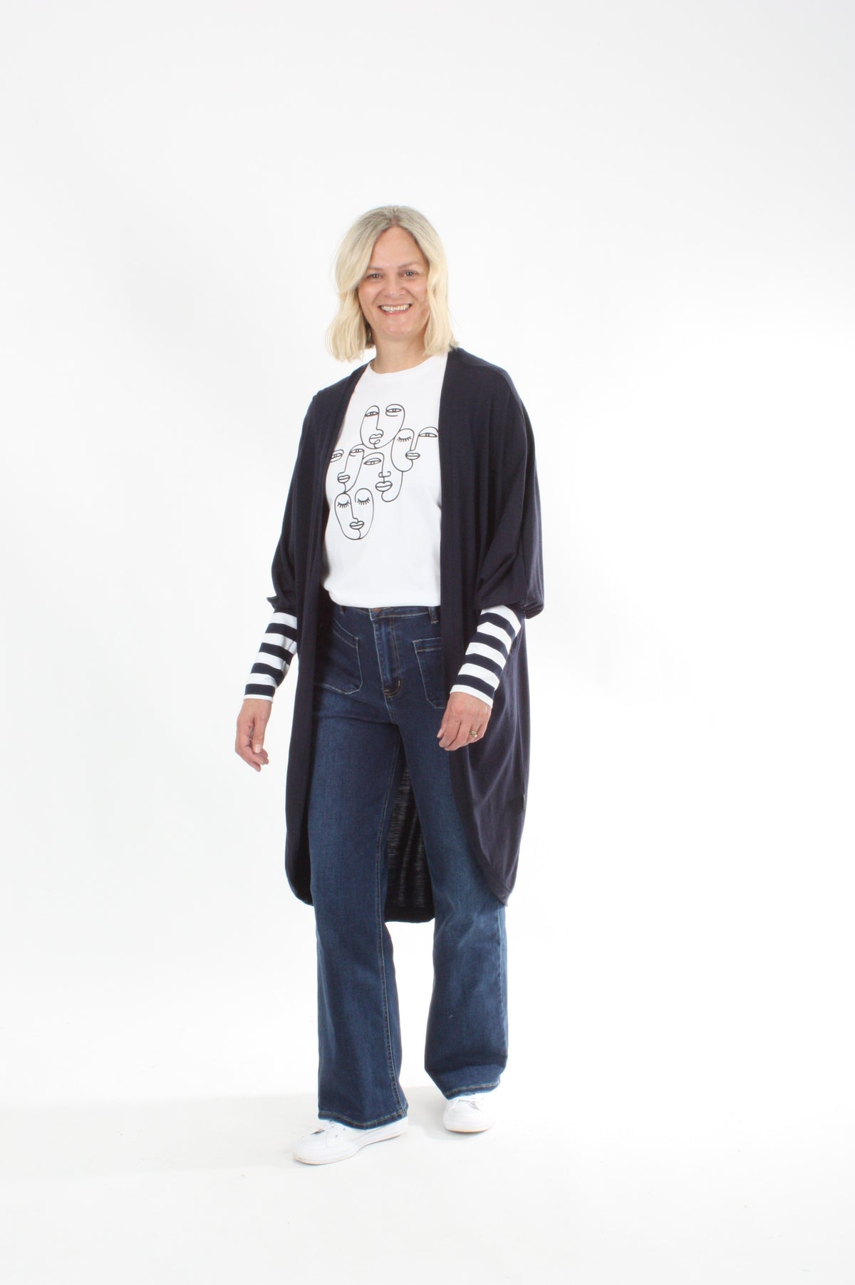 Cardi - Long - Navy Merino - Wide Stripe Cuff - Pre-Order