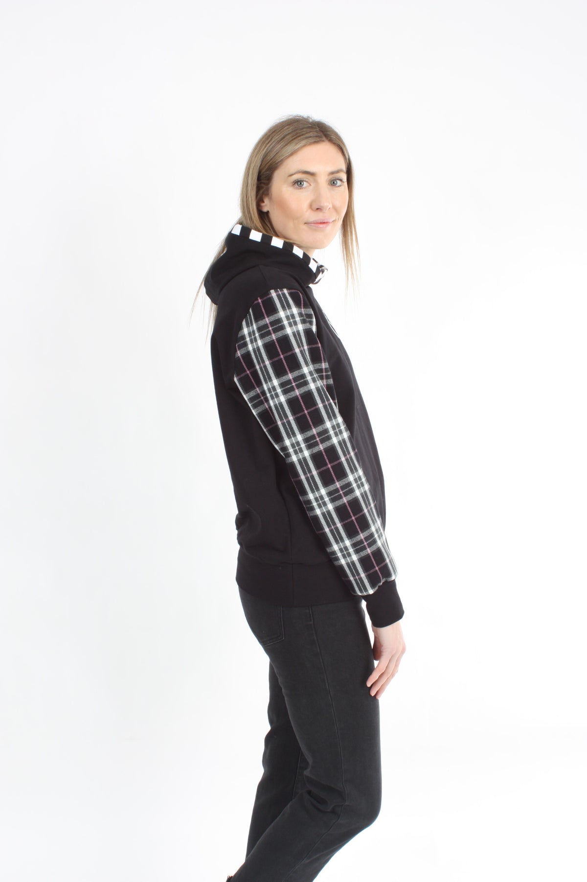 Holly Hoodie - Black Black Tartan Sleeve - Pre Order