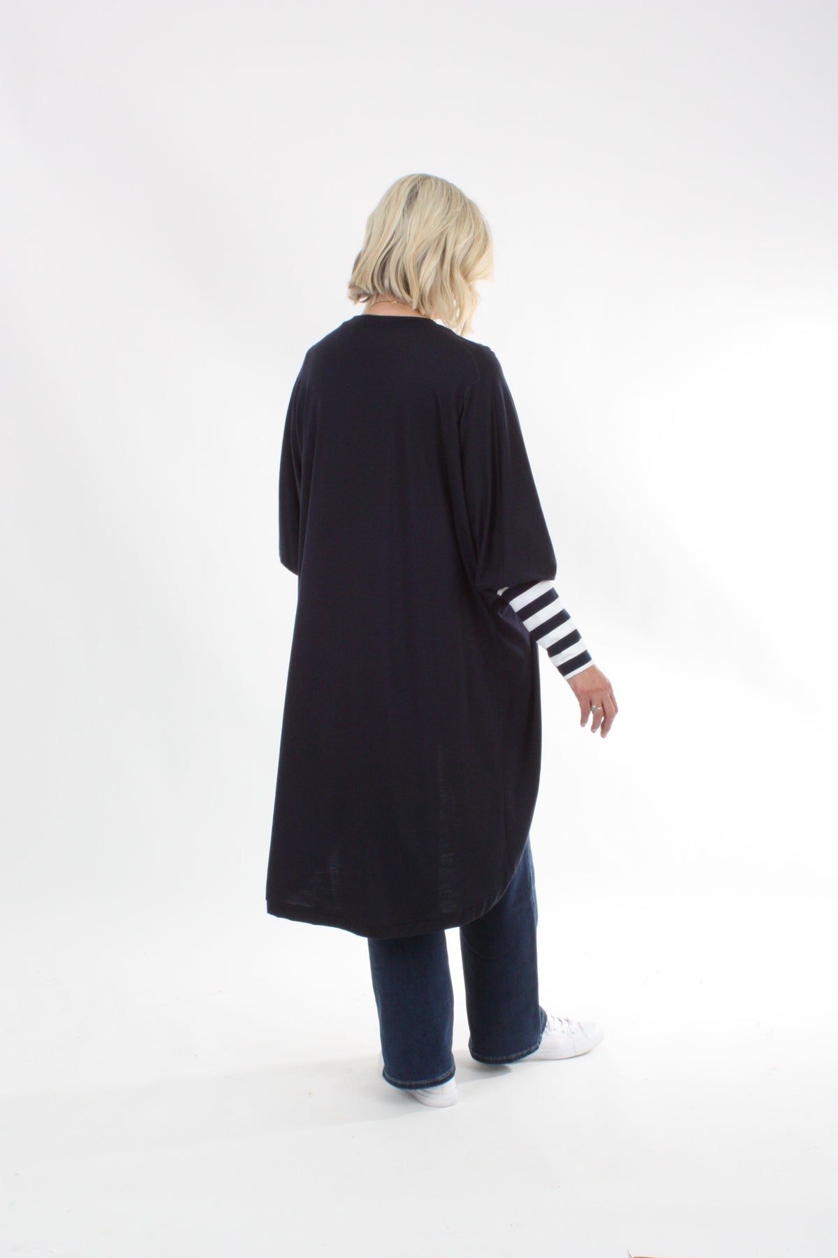 Cardi - Long - Navy Merino - Wide Stripe Cuff - Pre-Order