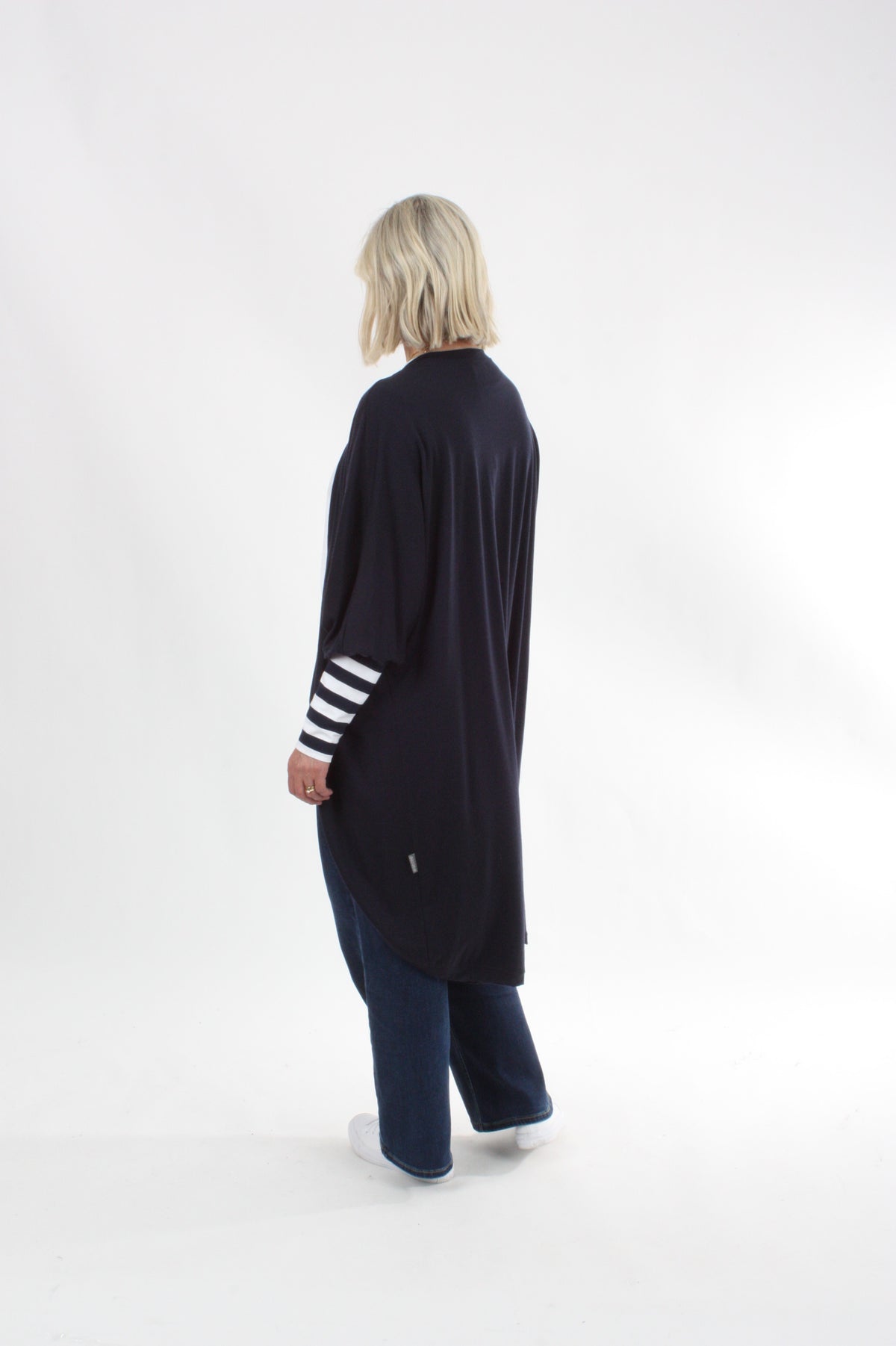 Cardi - Long - Navy Merino - Wide Stripe Cuff - Pre-Order