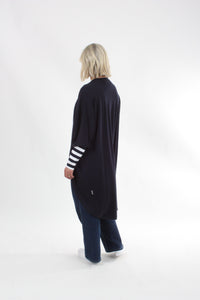 Cardi - Long - Navy Merino - Wide Stripe Cuff - Pre-Order