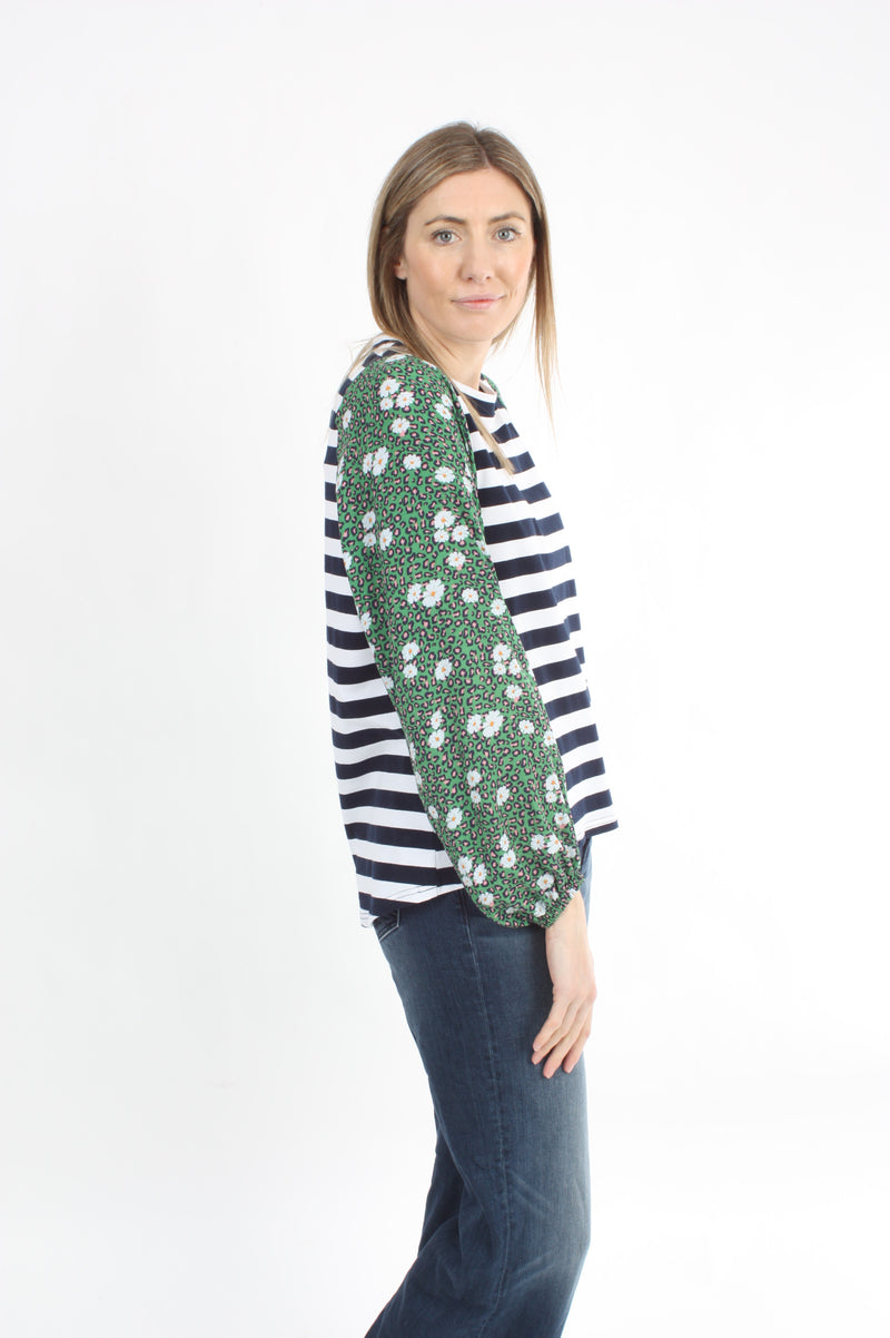 Alice Top - Navy White Stripe Green Floral Sleeves