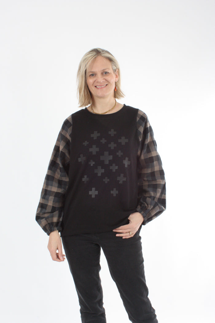 Alice Top - Black - Mocha Check Sleeves