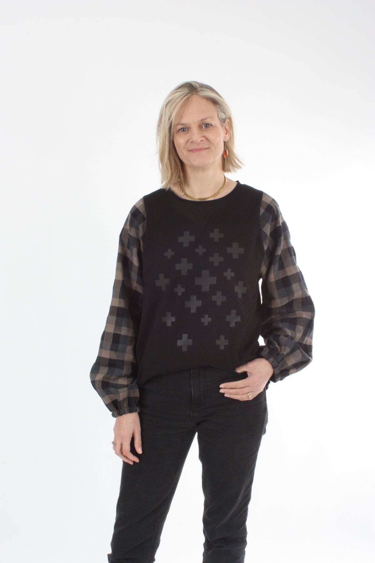 Alice Top - Black - Black Check Sleeves - Pre Order