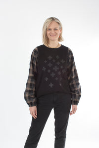 Alice Top - Black - Black Check Sleeves - Pre Order