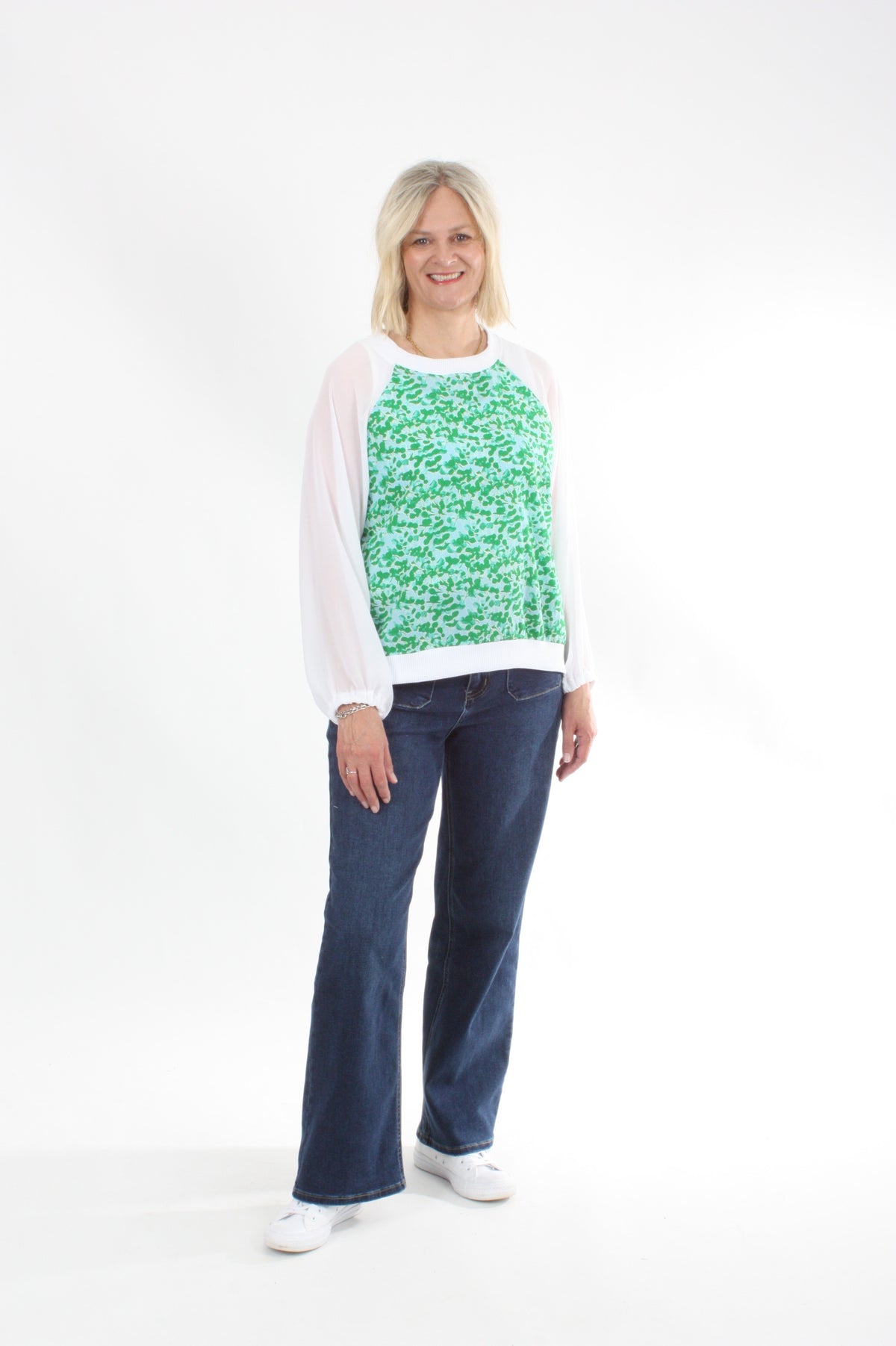 Harper Top - Green Floral white Sleeve