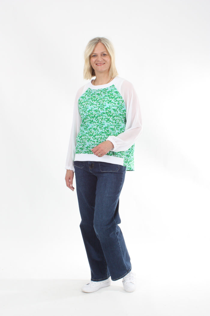Harper Top - Green Floral white Sleeve