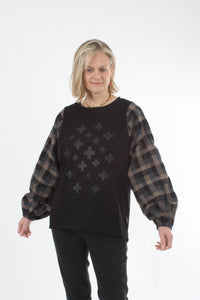 Alice Top - Black - Black Check Sleeves - Pre Order