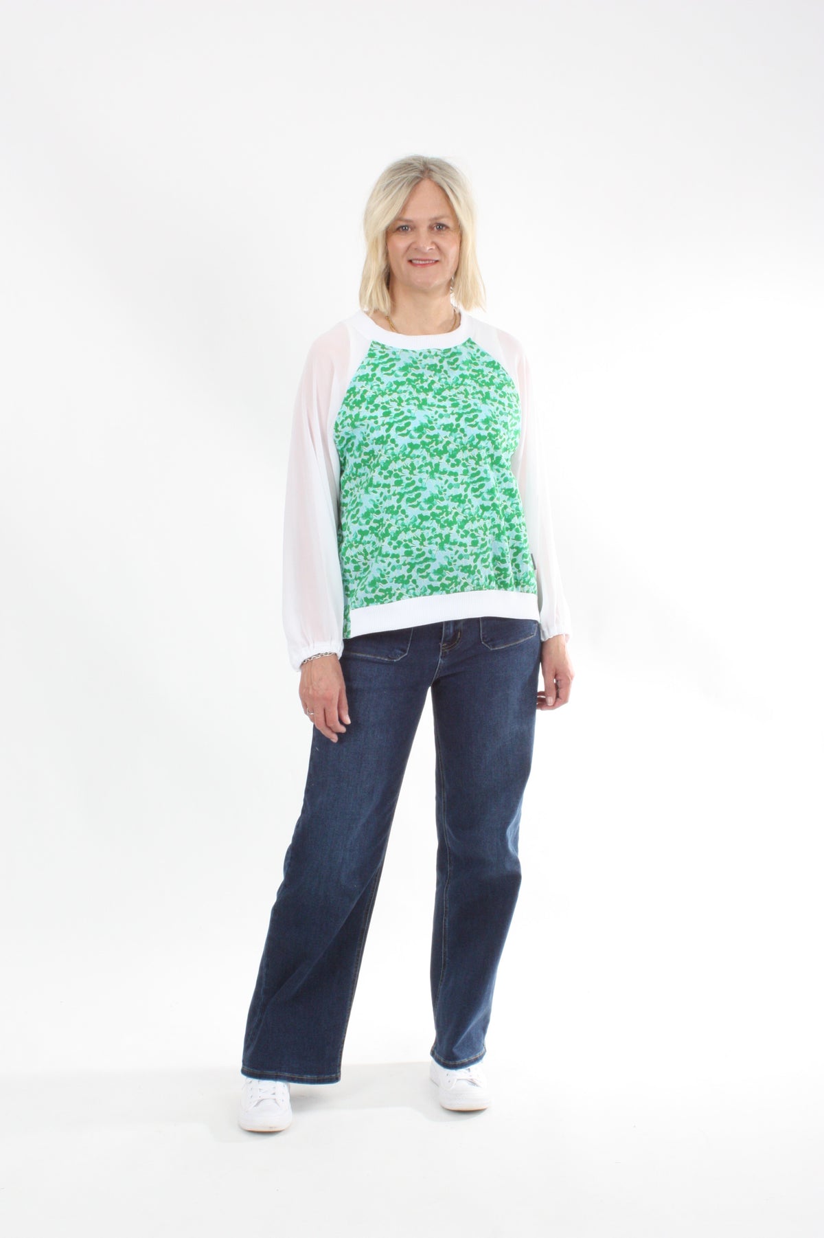 Harper Top - Green Floral white Sleeve