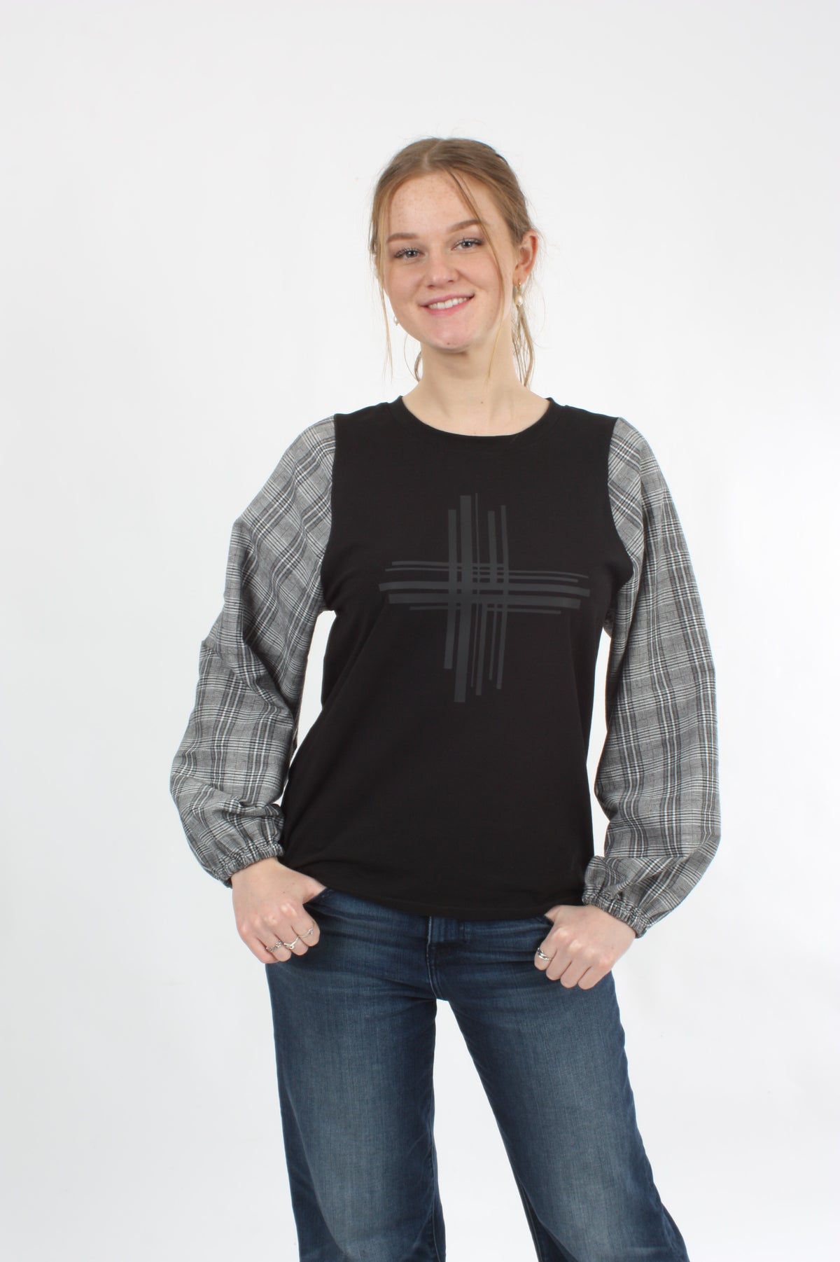 Alice Top - Black - Check sleeves