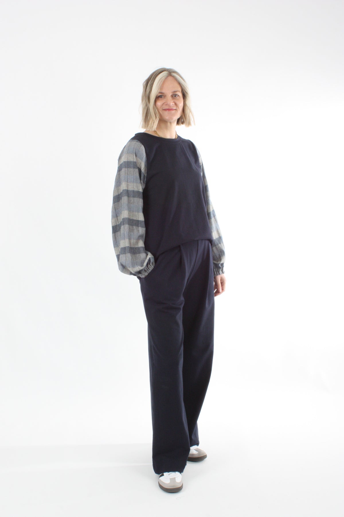 Alice Top - Navy - Navy Check Sleeves - Pre Order