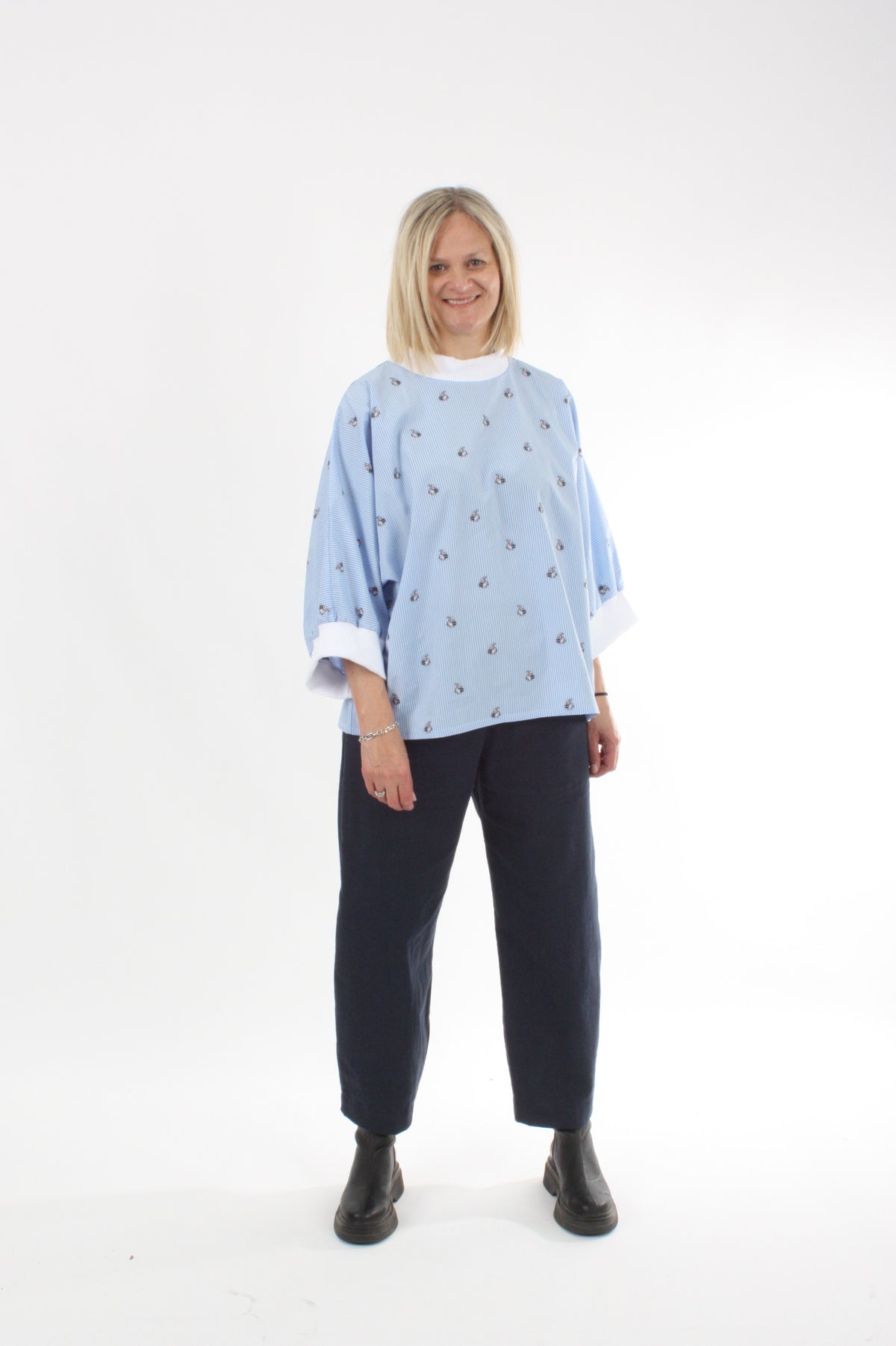 Sonia Top - Pin Stripe Rabbit Print