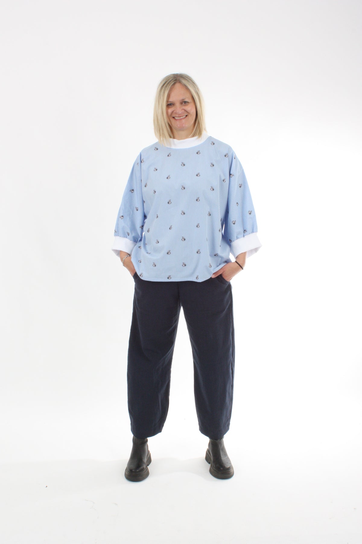 Sonia Top - Pin Stripe Rabbit Print