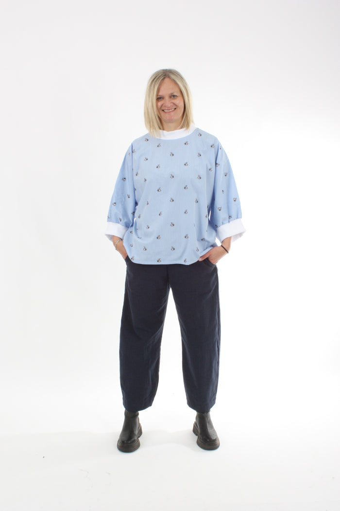 Sonia Top - Pin Stripe Rabbit Print