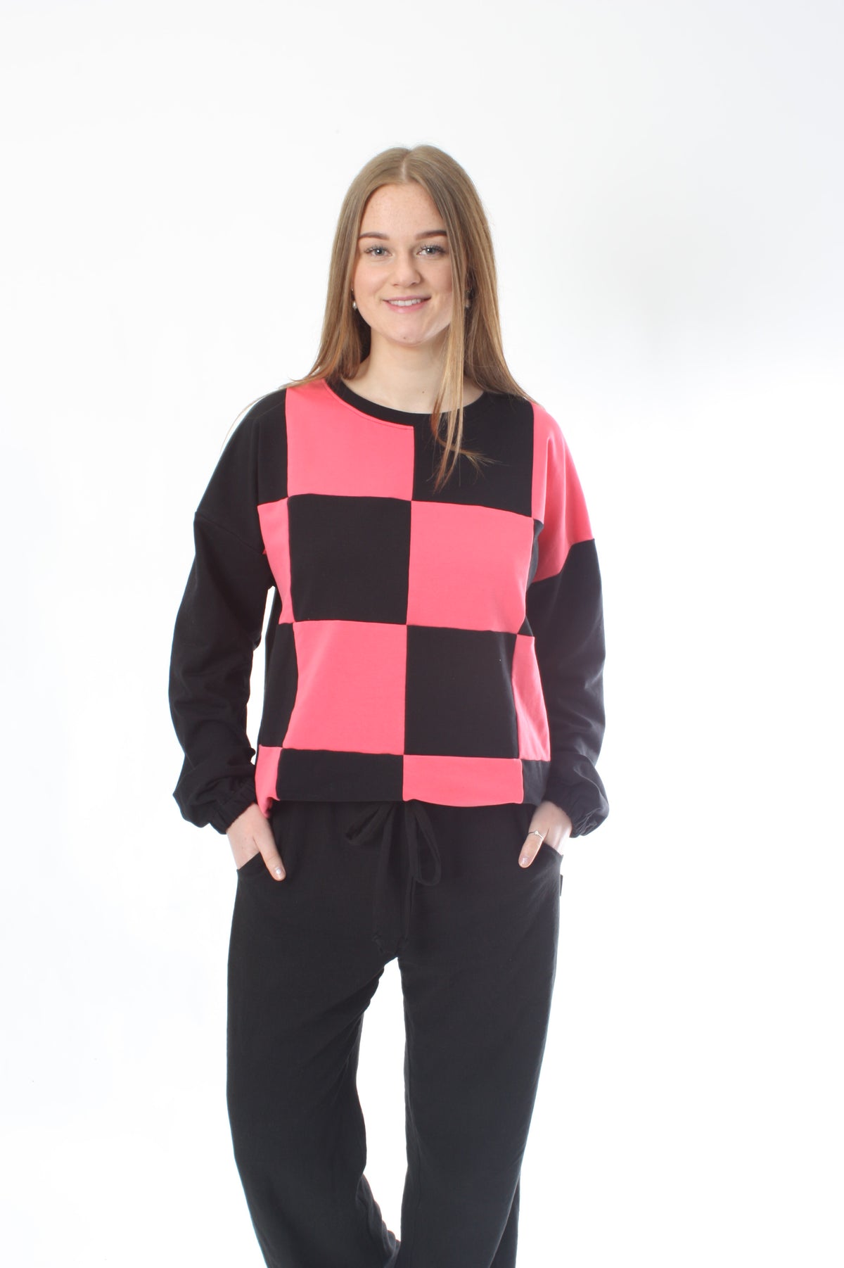 Sweater - Coral and Black Check - Pre Order