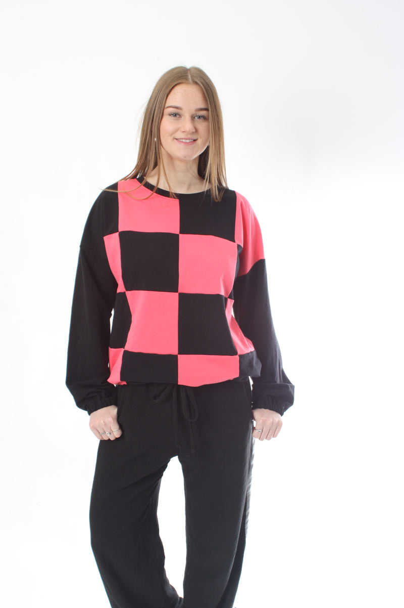 Sweater - Coral and Black Check - Pre Order