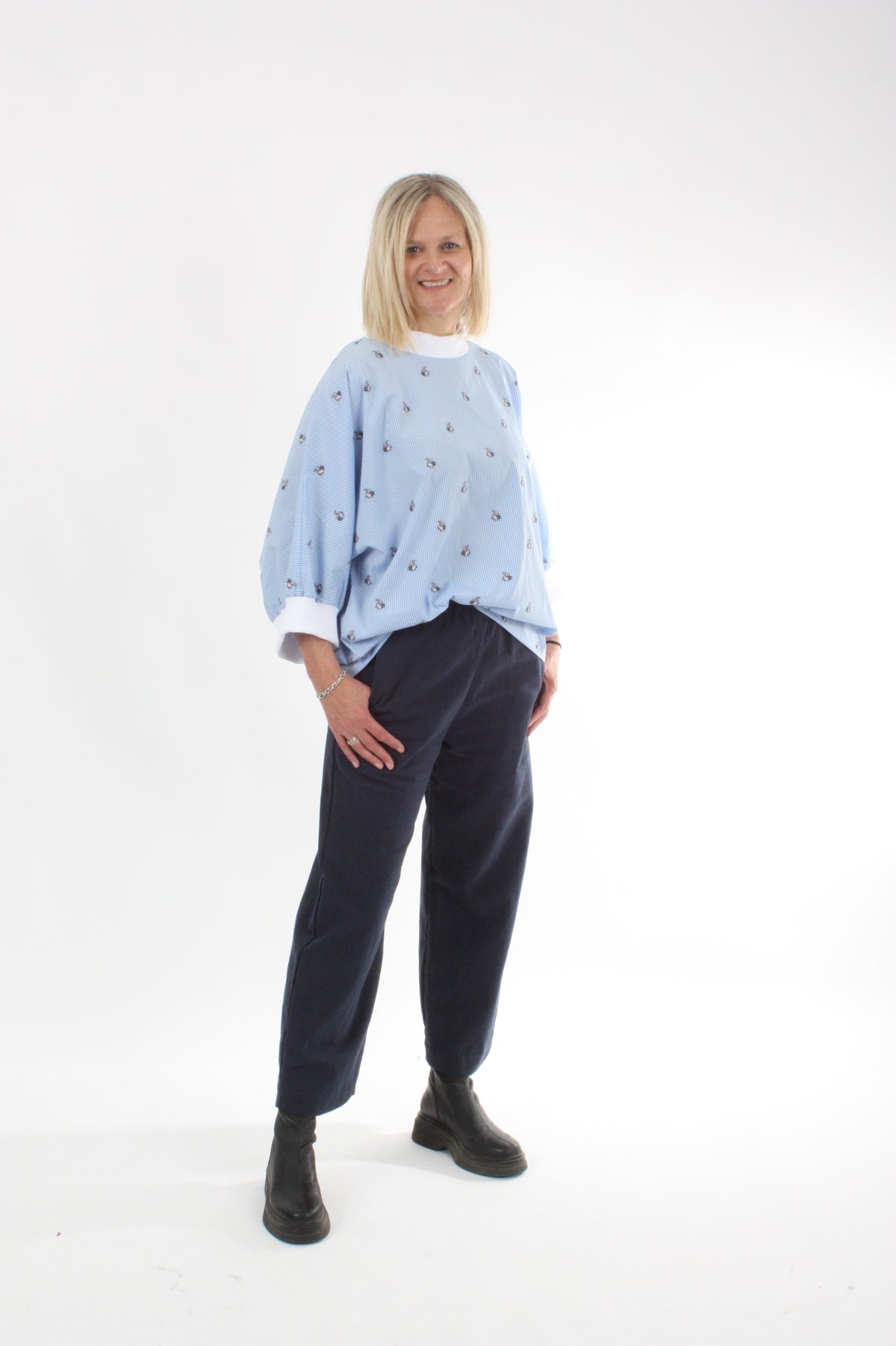 Sonia Top - Pin Stripe Rabbit Print