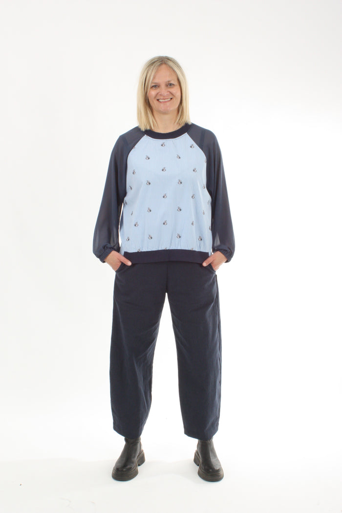 Harper Top - Pin Stripe Rabbit and Denim Sleeve