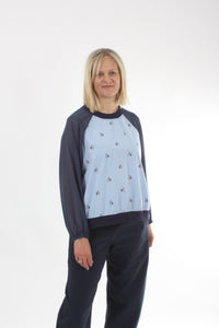 Harper Top - Pin Stripe Rabbit and Denim Sleeve
