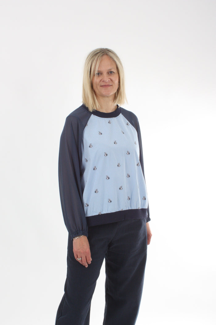 Harper Top - Pin Stripe Rabbit and Denim Sleeve