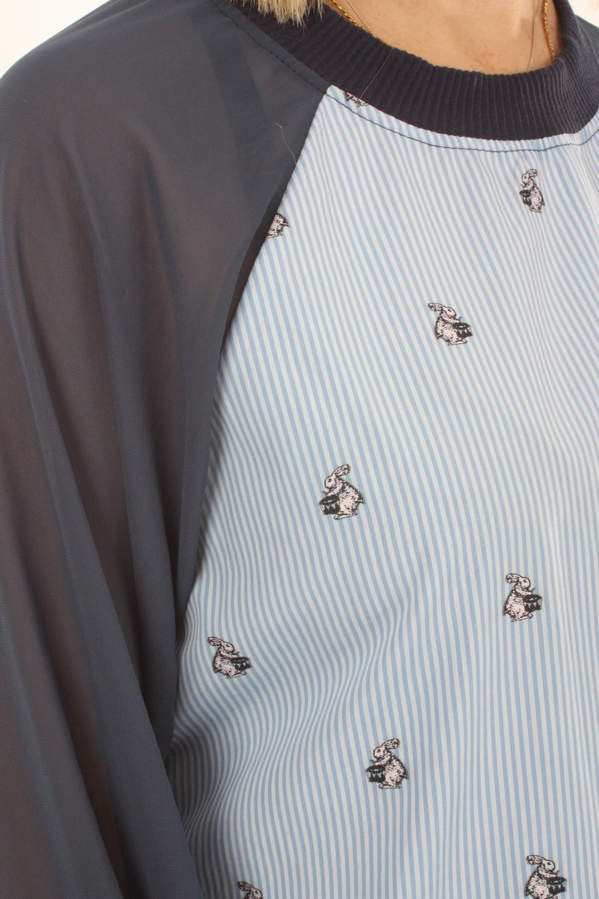Harper Top - Pin Stripe Rabbit and Denim Sleeve