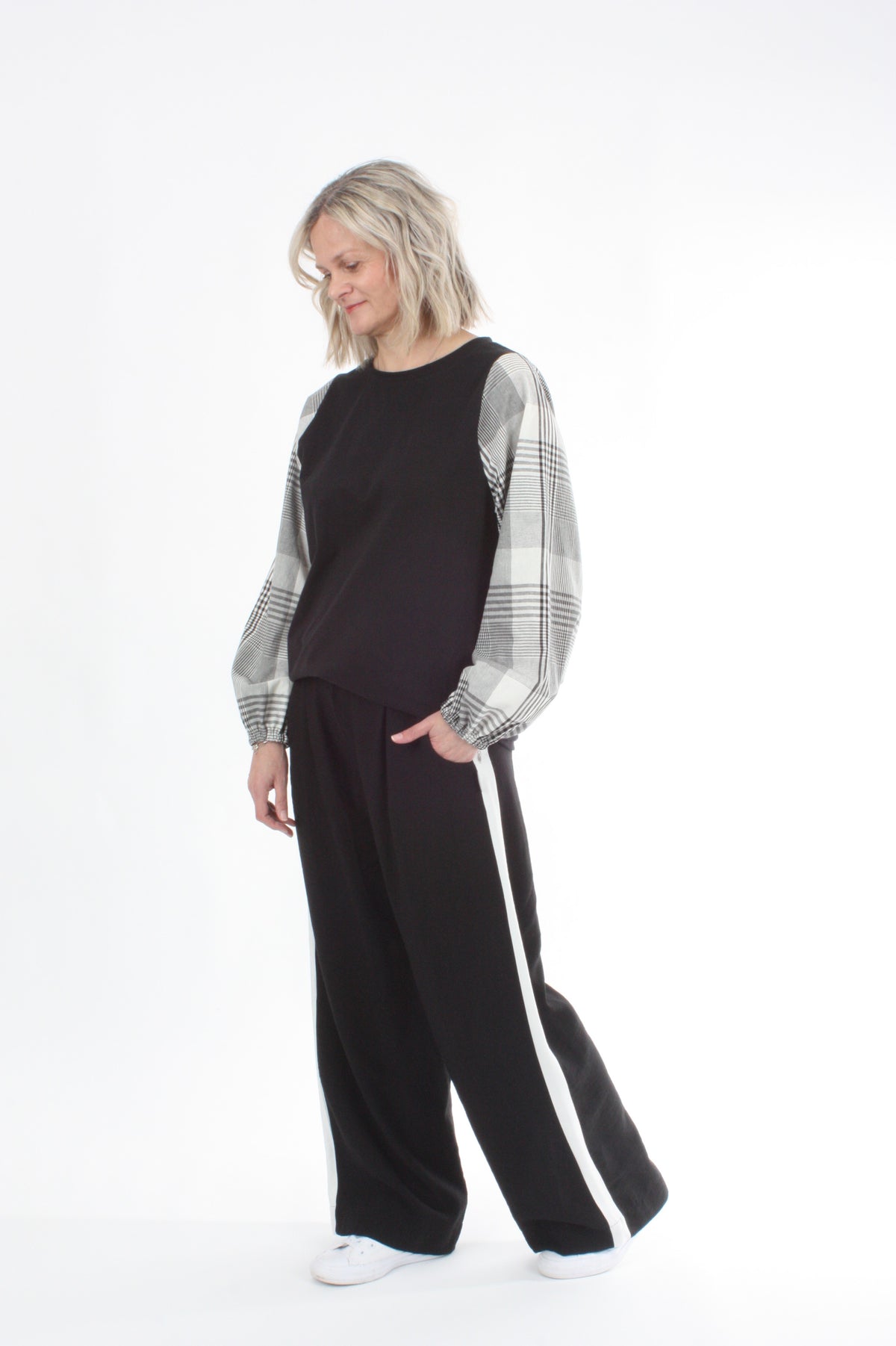 Alice Top - Black - Check Sleeve - Pre Order