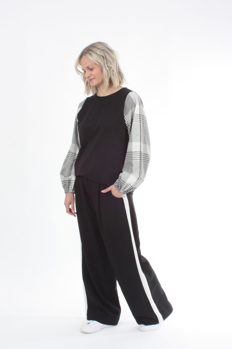 Alice Top - Black - Check Sleeve - Pre Order