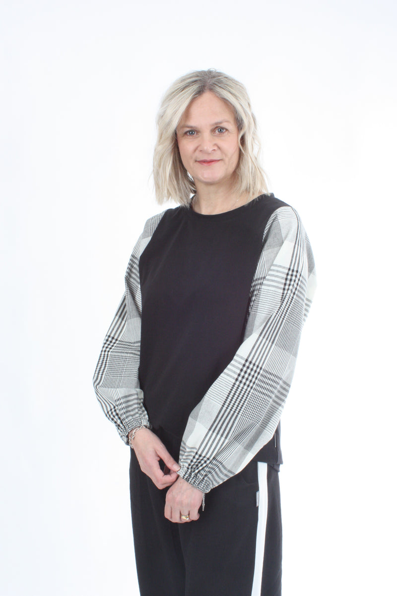 Alice Top - Black - Check Sleeve - Pre Order