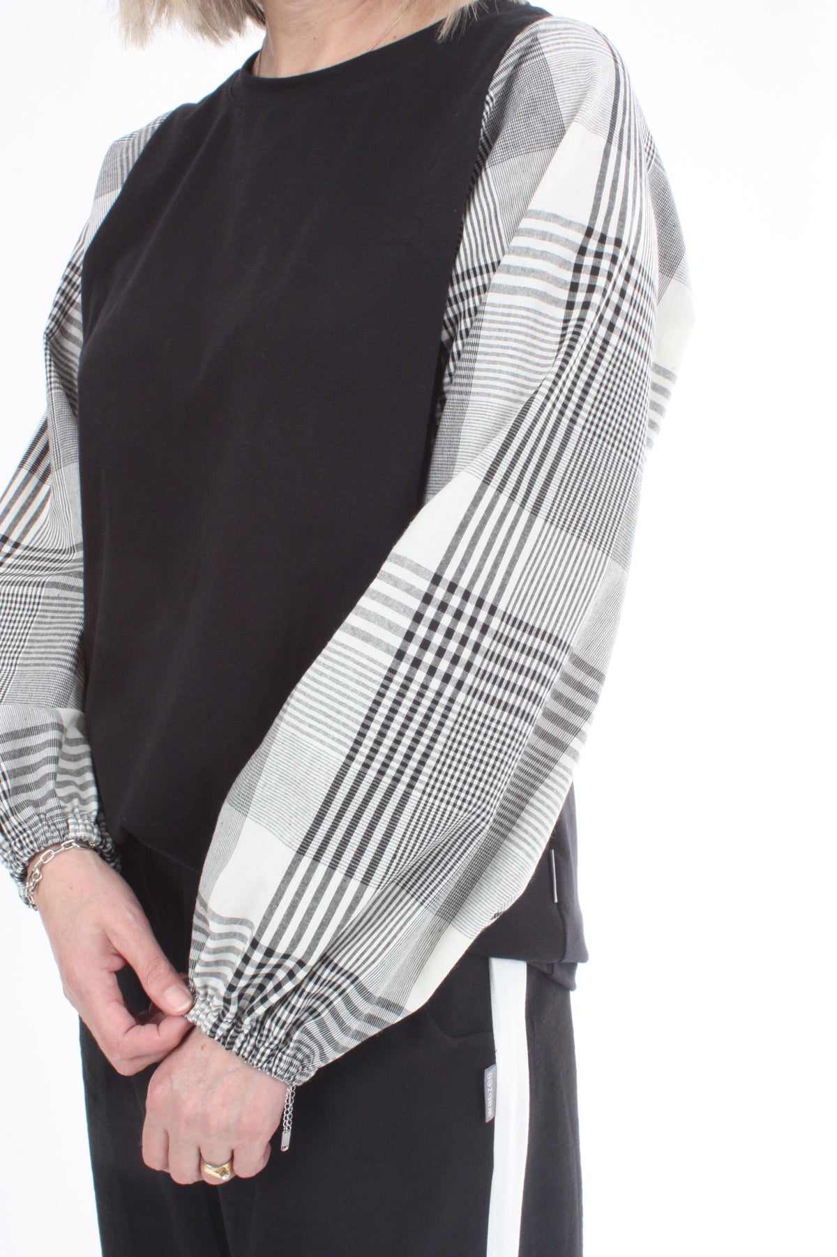 Alice Top - Black - Check Sleeve - Pre Order