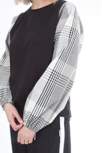 Alice Top - Black - Check Sleeve - Pre Order