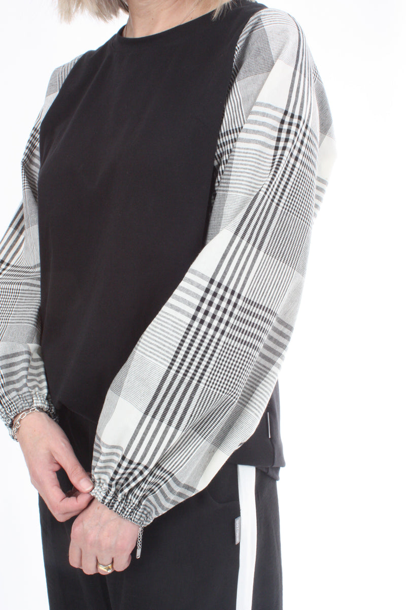 Alice Top - Black - Check Sleeve - Pre Order