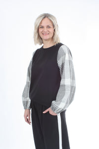Alice Top - Black - Check Sleeve - Pre Order