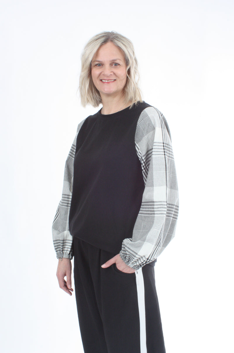Alice Top - Black - Check Sleeve - Pre Order