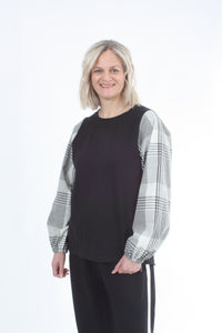 Alice Top - Black - Check Sleeve - Pre Order