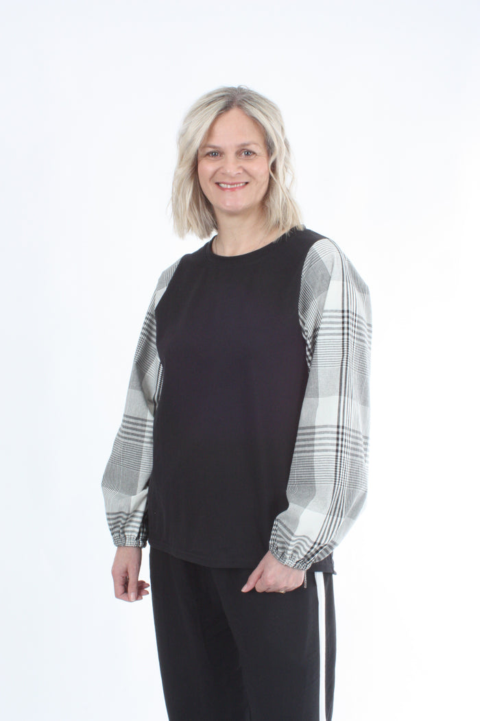 Alice Top - Black - Check Sleeve - Pre Order
