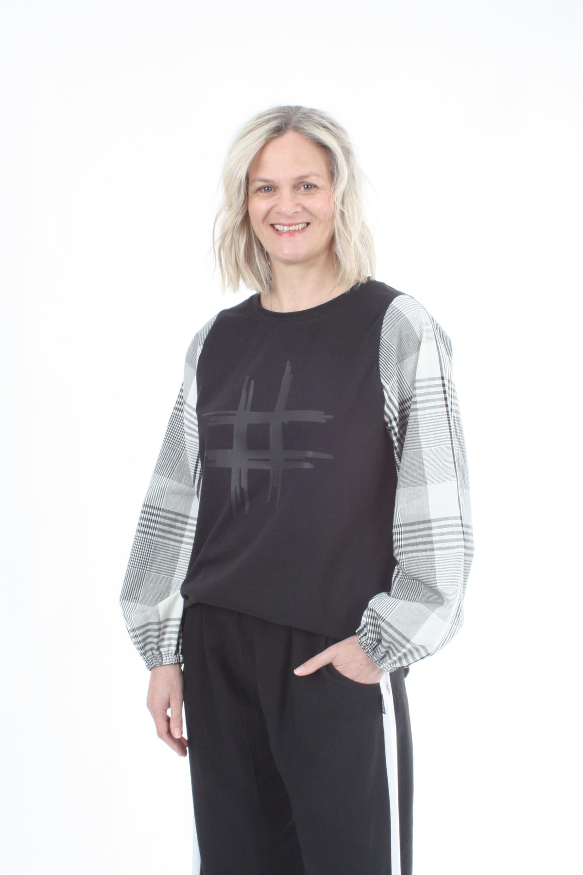 Alice Top - Black - Black Check - Hash Print- Pre Order