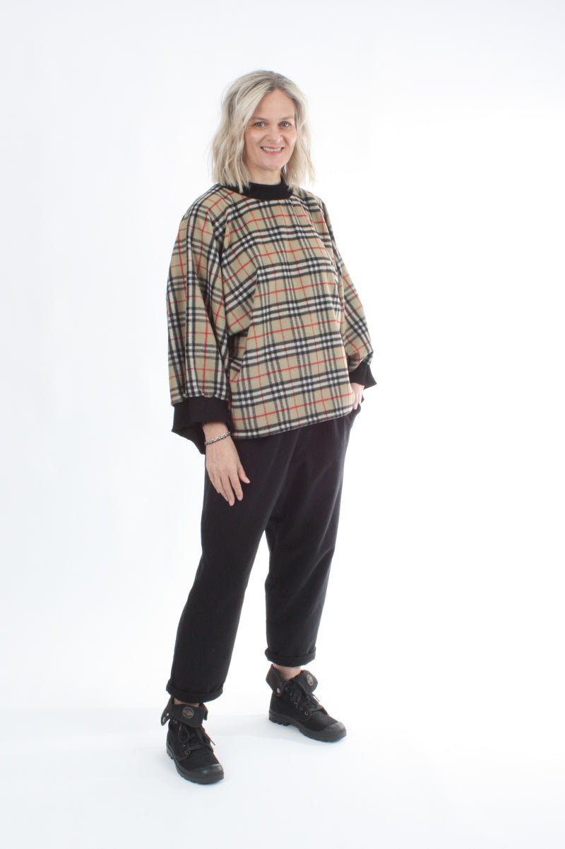 Sonia Top - Wool Camel Check Black Trims