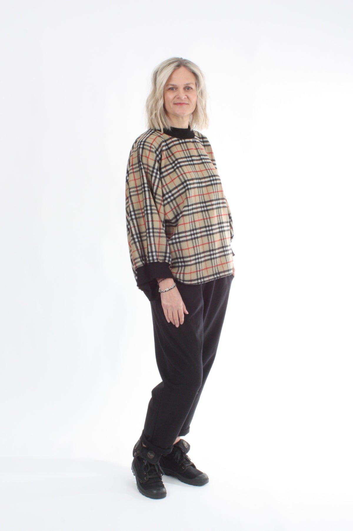 Sonia Top - Wool Camel Check Black Trims
