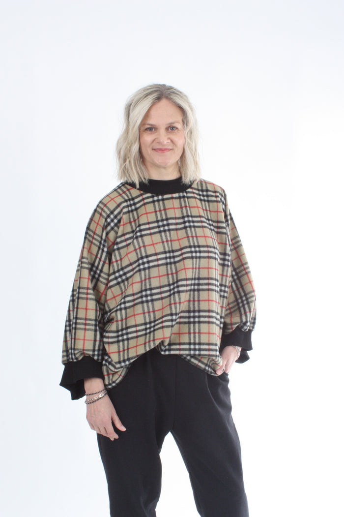 Sonia Top - Wool Camel Check Black Trims