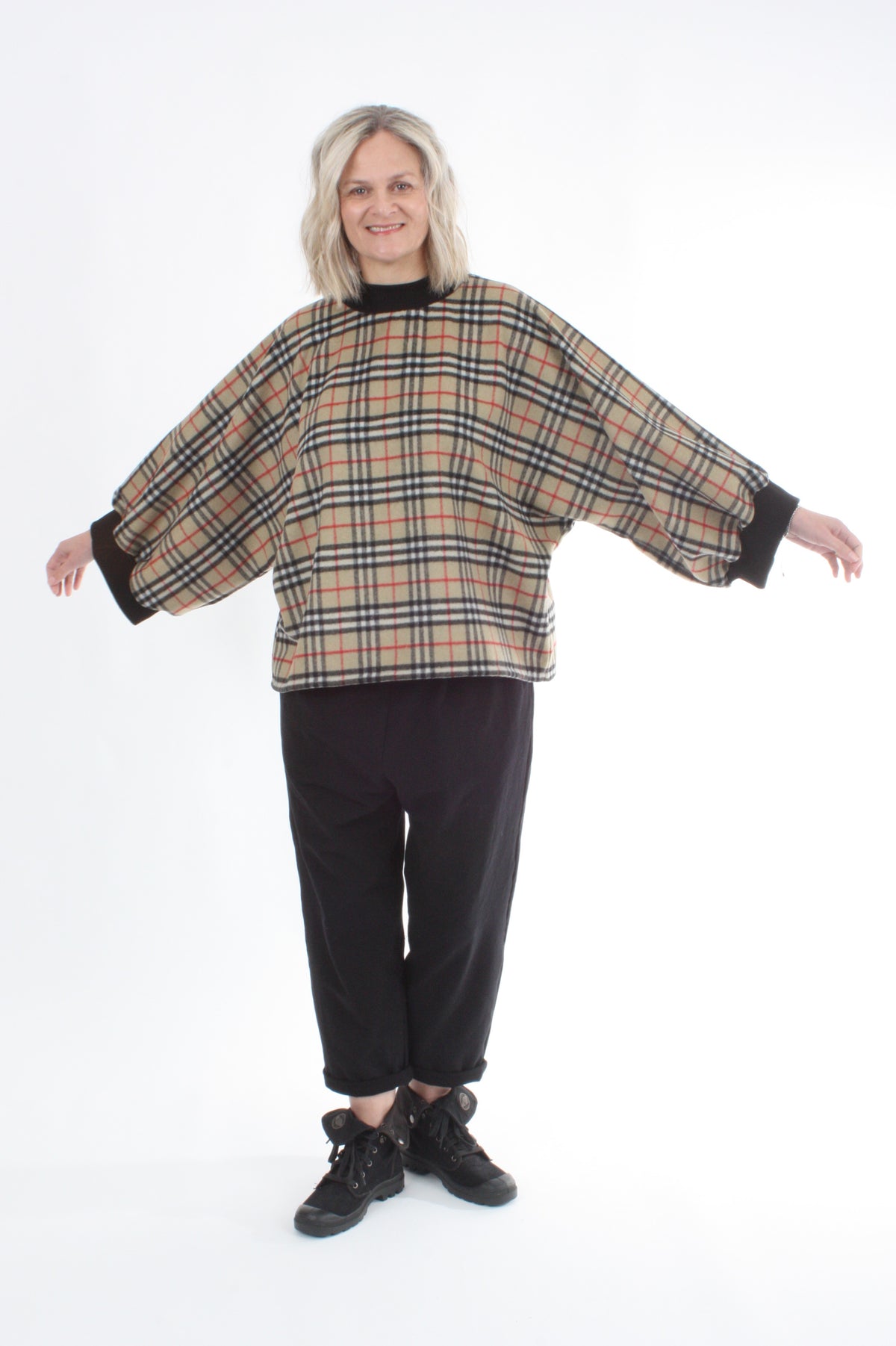 Sonia Top - Wool Camel Check Black Trims