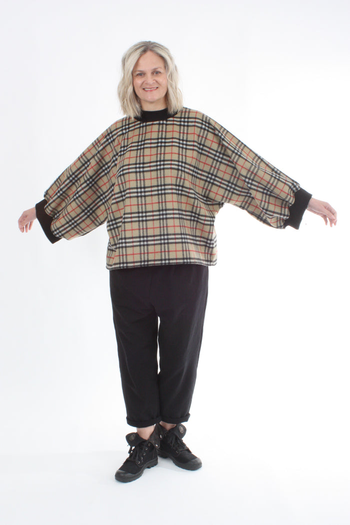 Sonia Top - Wool Camel Check Black Trims