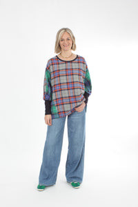 Alexa Top - Green and Orange check - Navy Cuffs - Pre-Order