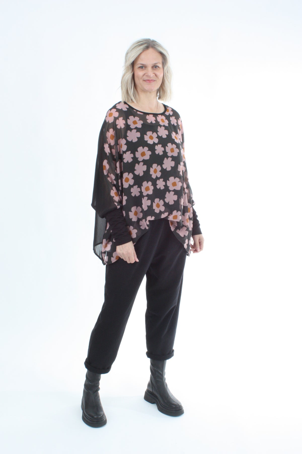 Alexa Top - Flower Print - Black with Black Cuffs
